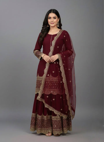 Wine Georgette Readymade Sharara Suit with Heavy Gold Zari Work And Scalloped Borders