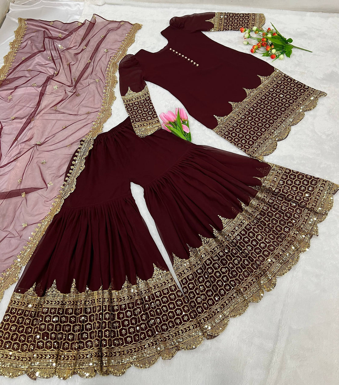 Wine Georgette Readymade Sharara Suit with Heavy Gold Zari Work And Scalloped Borders