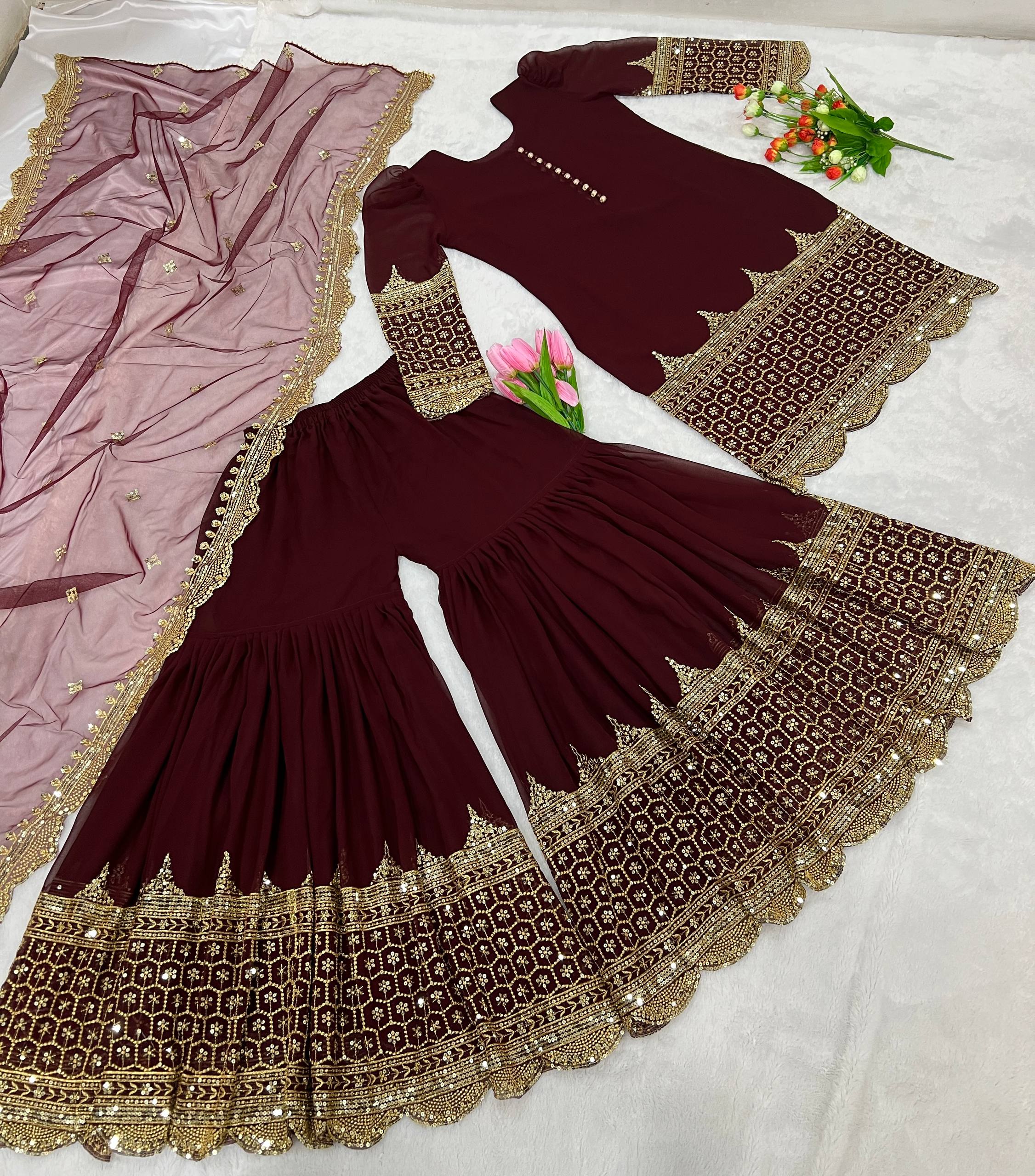 Wine Georgette Readymade Sharara Suit with Heavy Gold Zari Work And Scalloped Borders