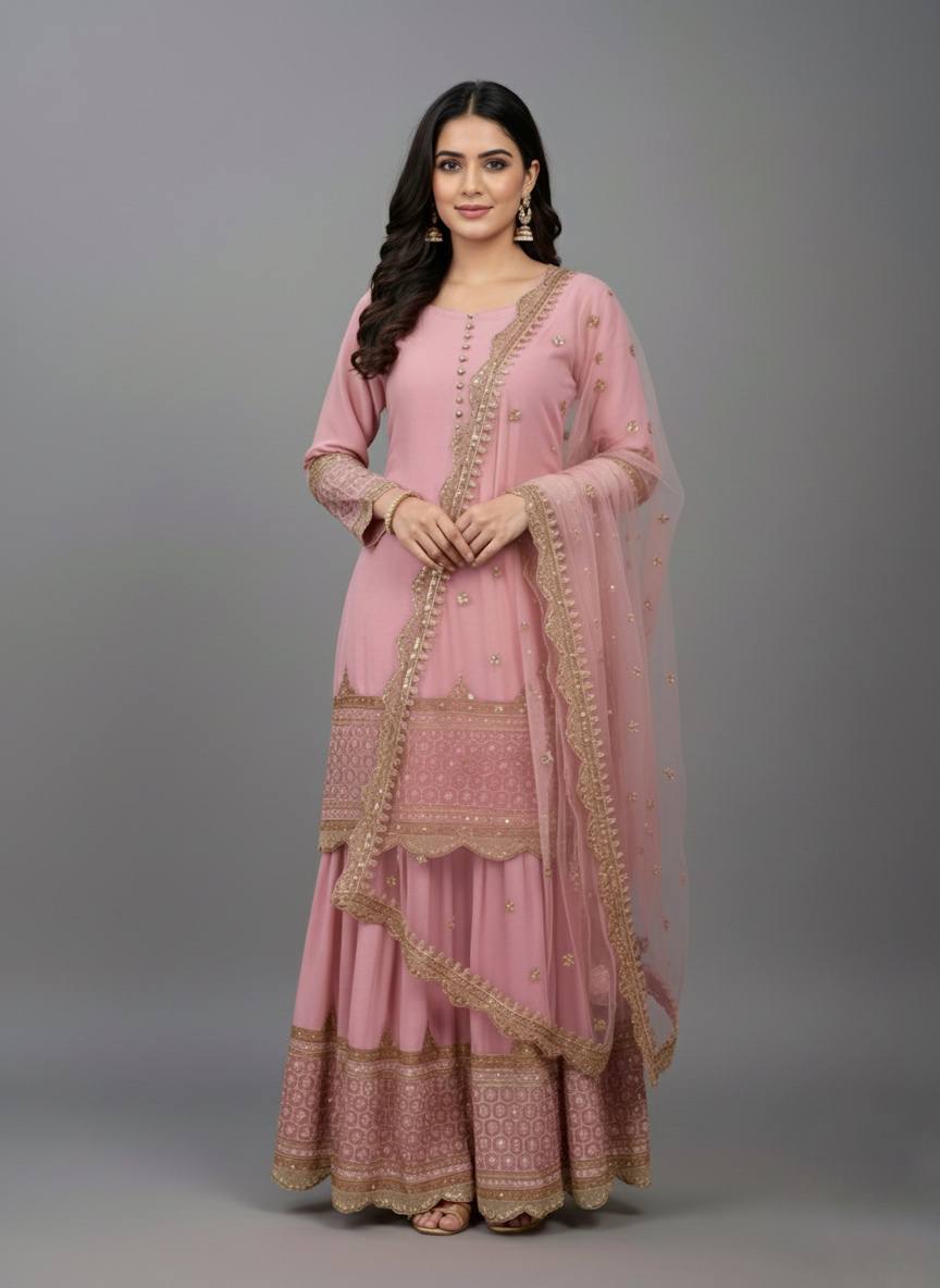 Dusty Pink Designer Sharara Set Readymade Pastel Pink Suit with Sequins Embroidery