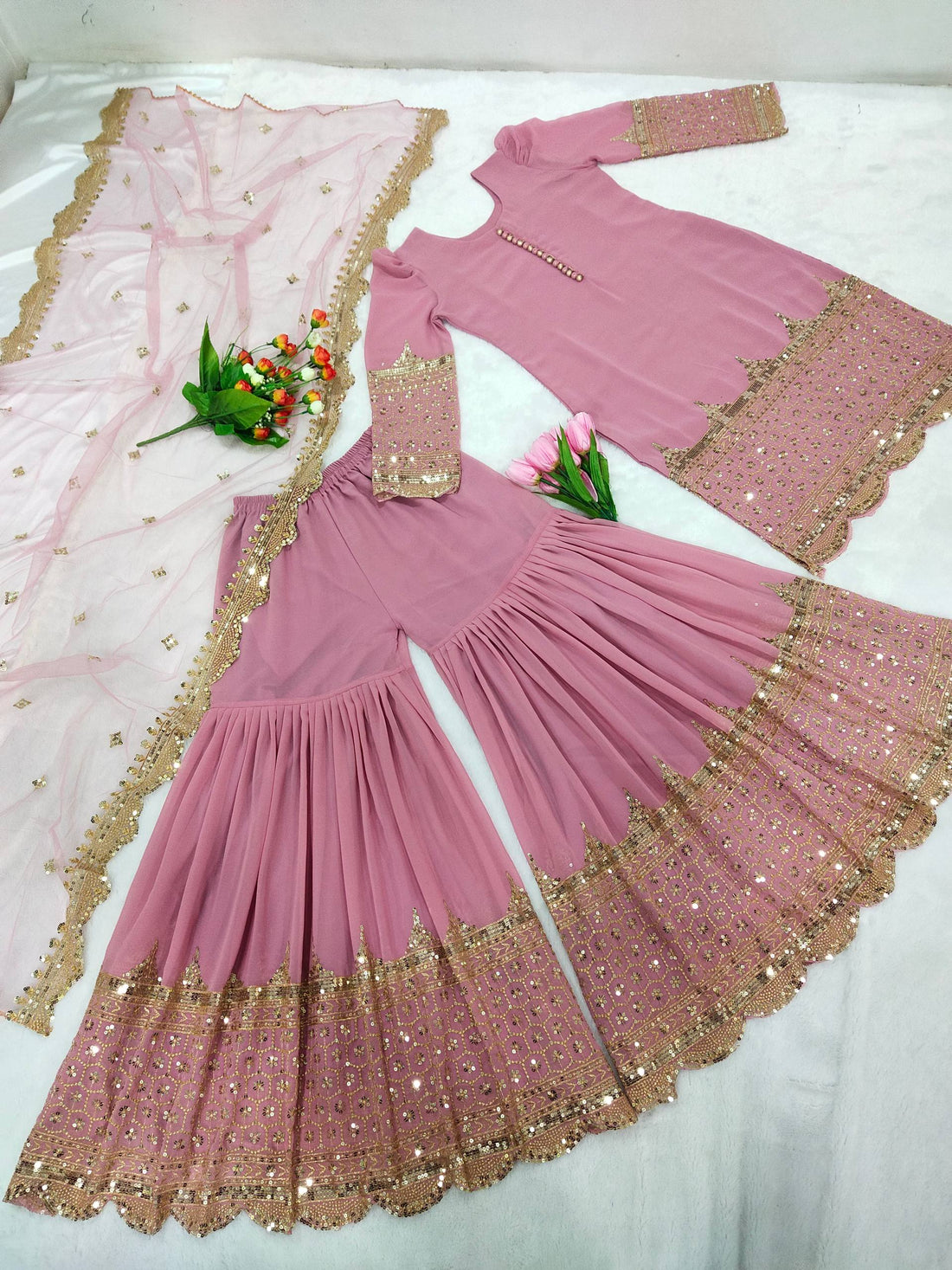 Dusty Pink Designer Sharara Set Readymade Pastel Pink Suit with Sequins Embroidery