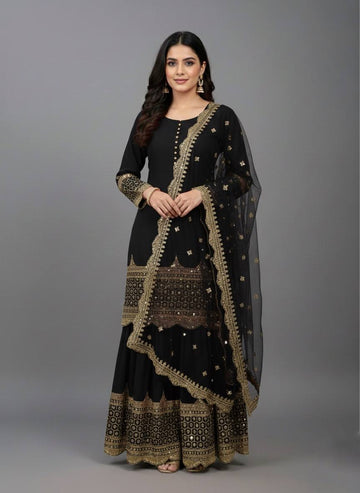Classic Jet Black And Gold Zari Work Readymade Sharara Set for Evening Parties