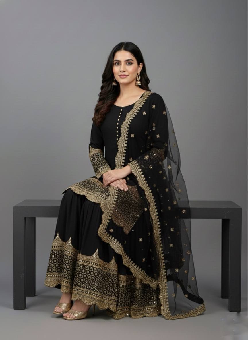 Classic Jet Black And Gold Zari Work Readymade Sharara Set for Evening Parties