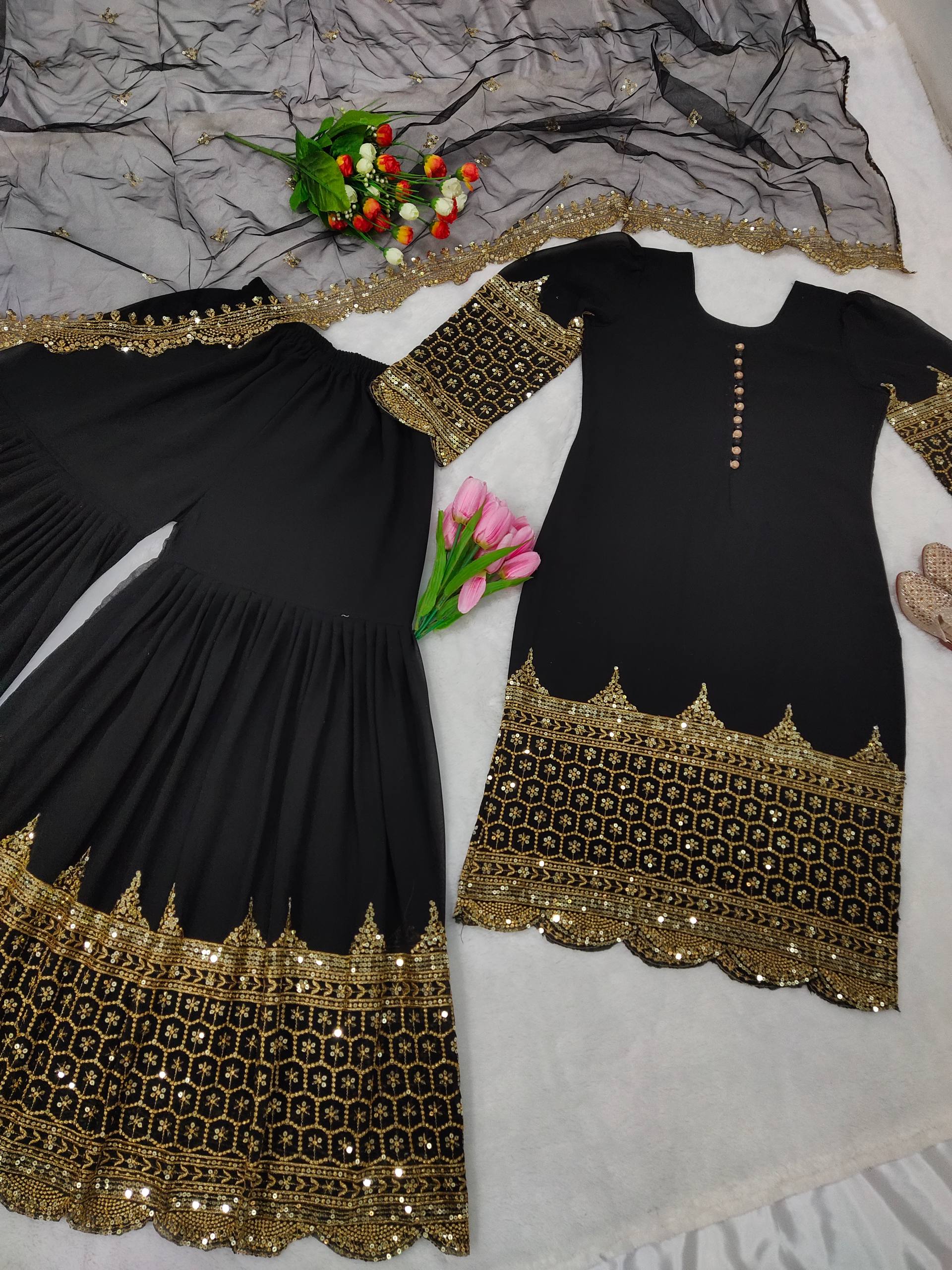 Classic Jet Black And Gold Zari Work Readymade Sharara Set for Evening Parties