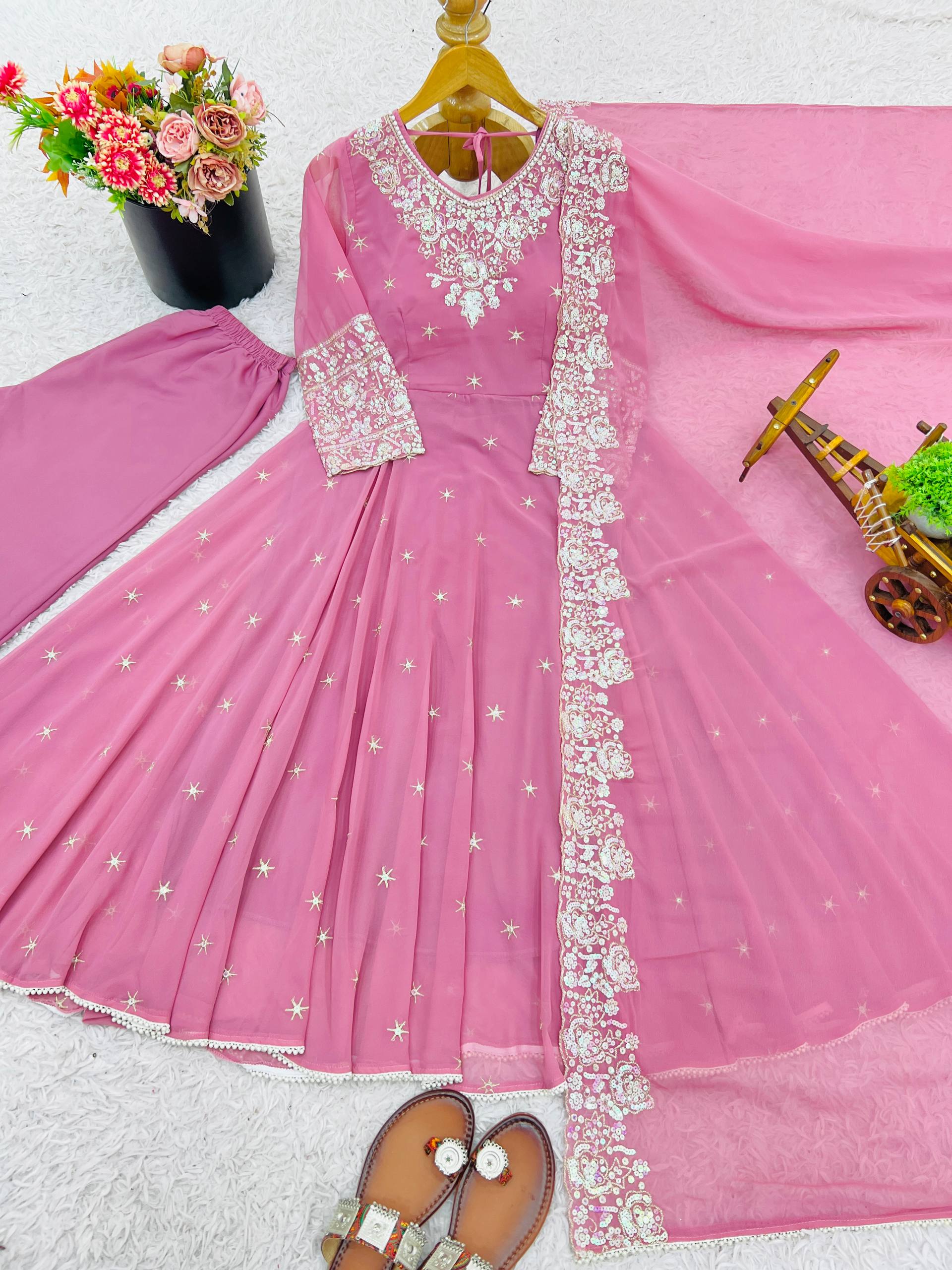 Onion Pink Designer Readymade Sharara Suit Soft Pastel Mauve Party Wear with Scalloped Dupatta