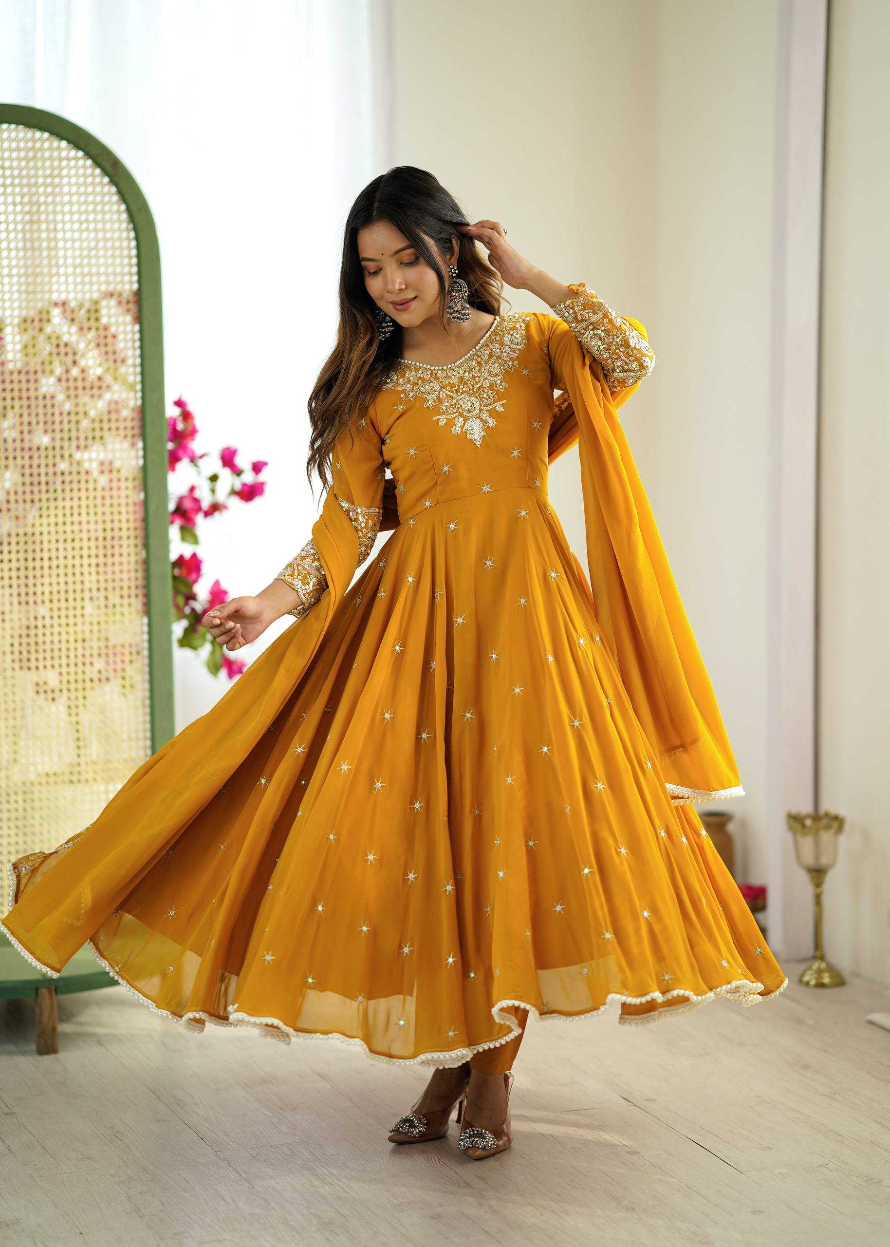 Mustard Yellow Anarkali Style Sharara Suit Readymade Party Wear with Mirror and Zari Work