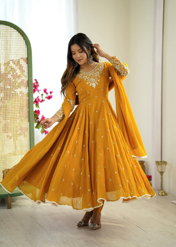 Mustard Yellow Anarkali Style Sharara Suit Readymade Party Wear with Mirror and Zari Work