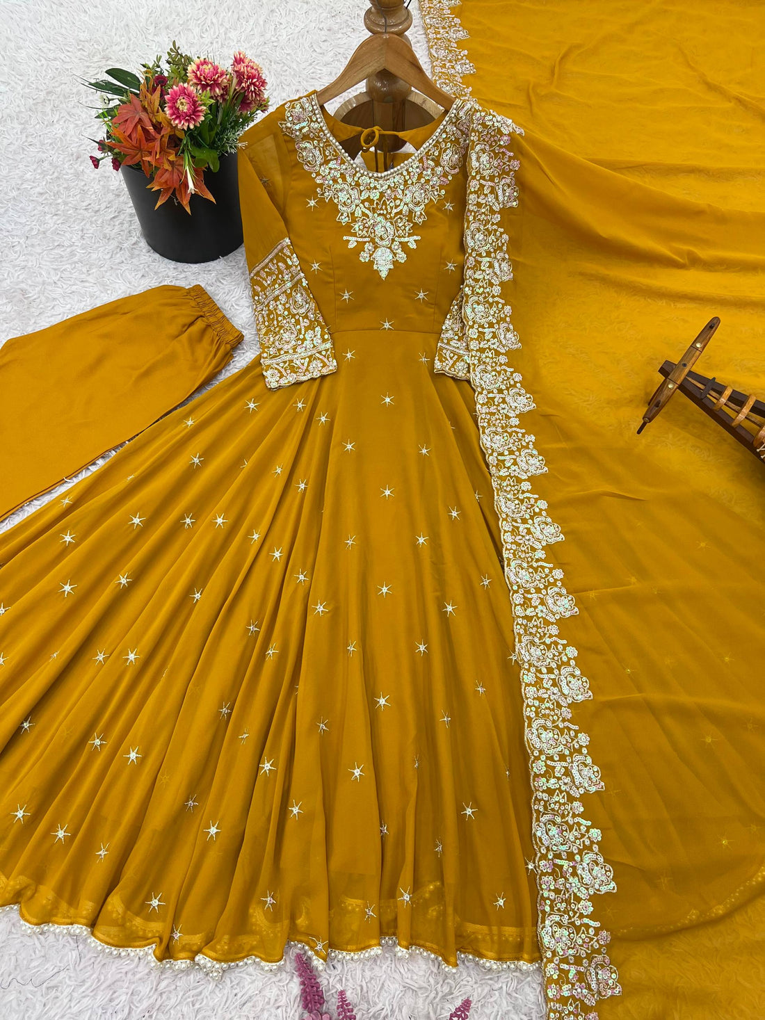 Mustard Yellow Anarkali Style Sharara Suit Readymade Party Wear with Mirror and Zari Work