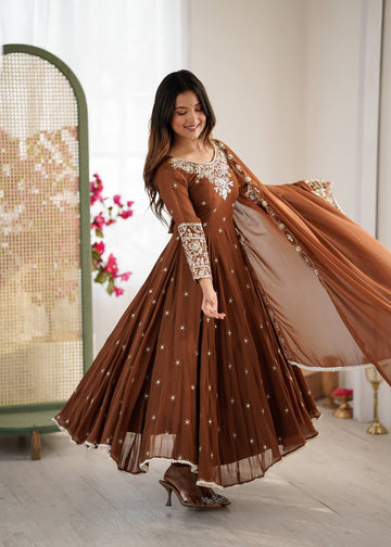 Premium Coffee Brown Readymade Sharara Set Heavily Embroidered Rust Brown Party Wear Suit