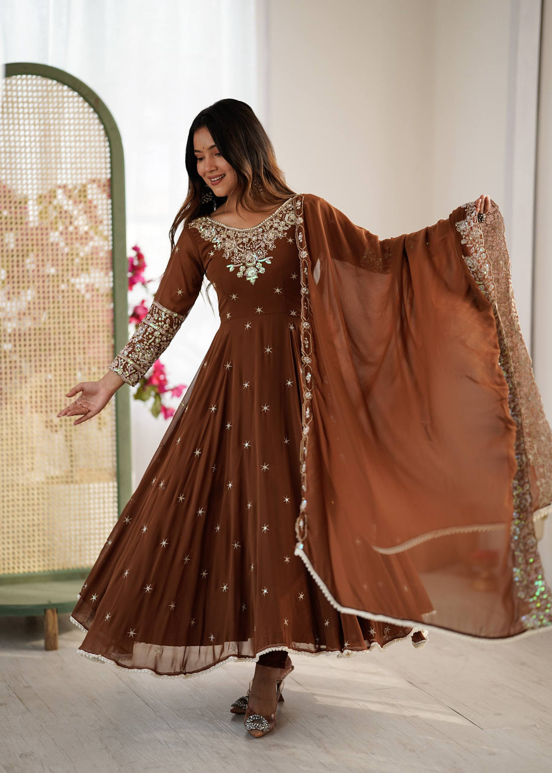 Premium Coffee Brown Readymade Sharara Set Heavily Embroidered Rust Brown Party Wear Suit