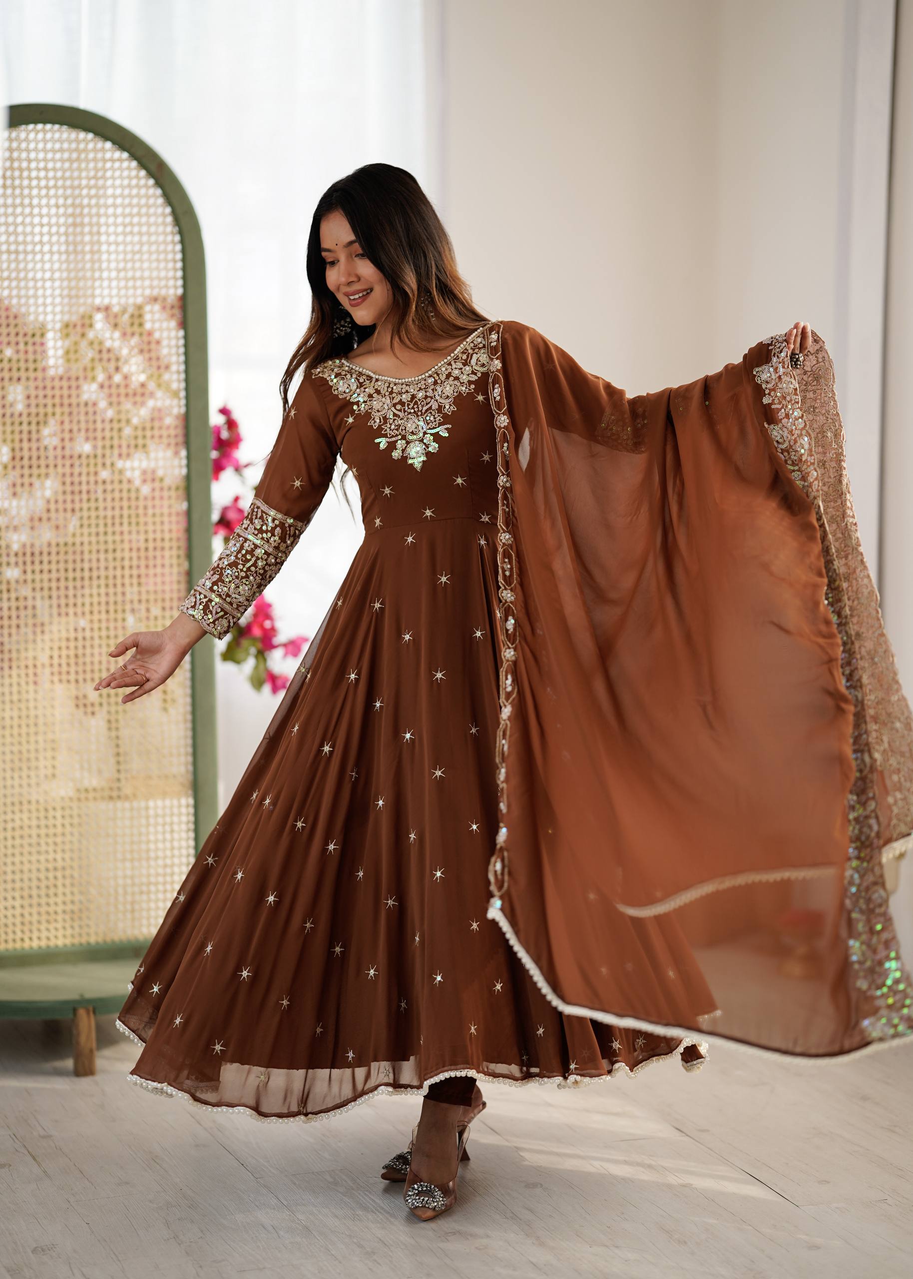 Premium Coffee Brown Readymade Sharara Set Heavily Embroidered Rust Brown Party Wear Suit