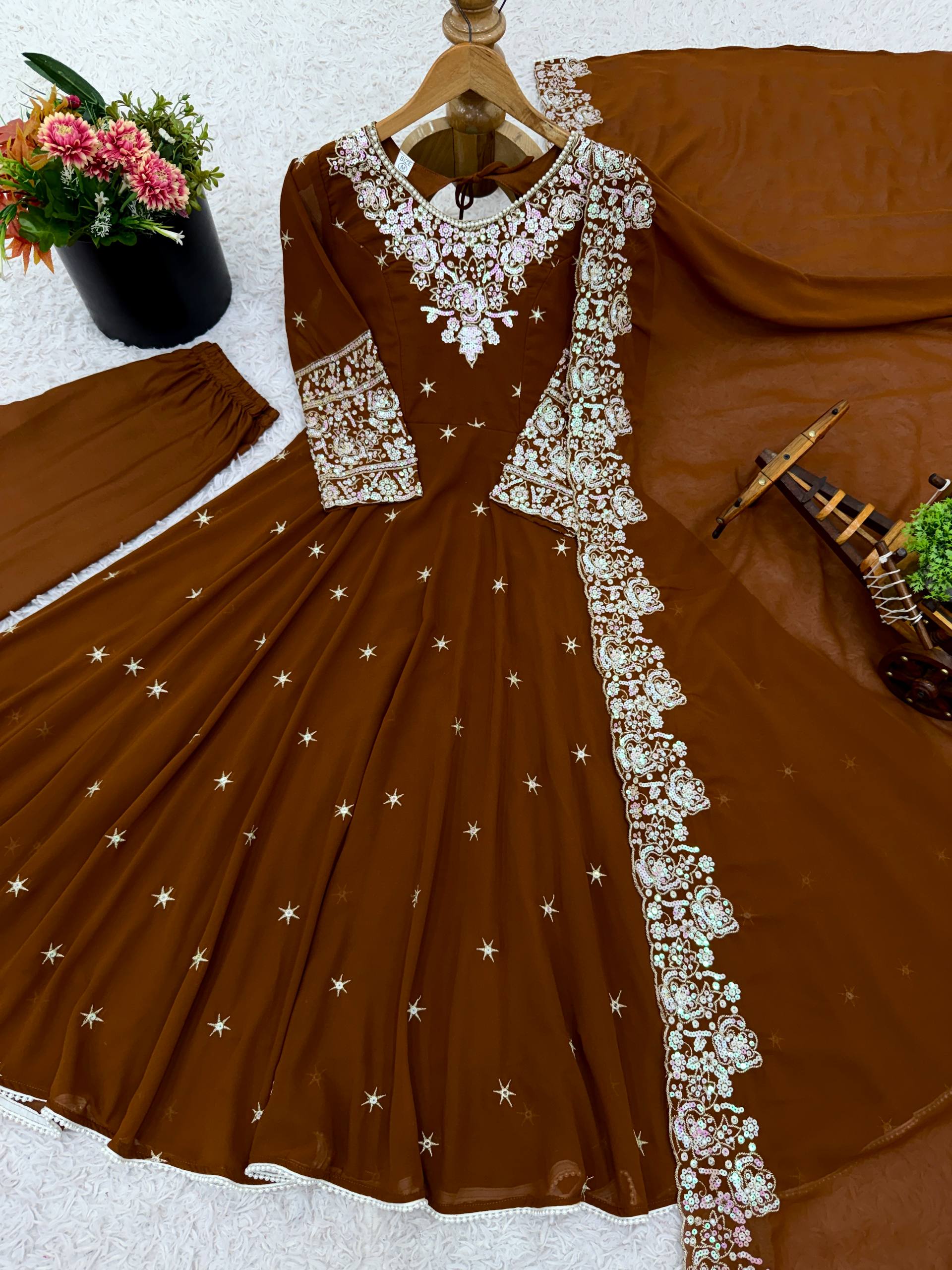 Premium Coffee Brown Readymade Sharara Set Heavily Embroidered Rust Brown Party Wear Suit