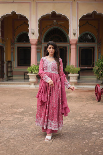 Pink Faux Georgette Plazzo Suit Sequins And Thread Embroidery