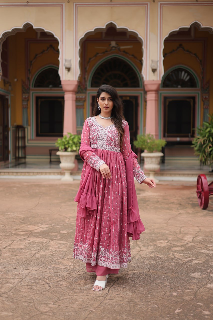 Pink Faux Georgette Plazzo Suit Sequins And Thread Embroidery