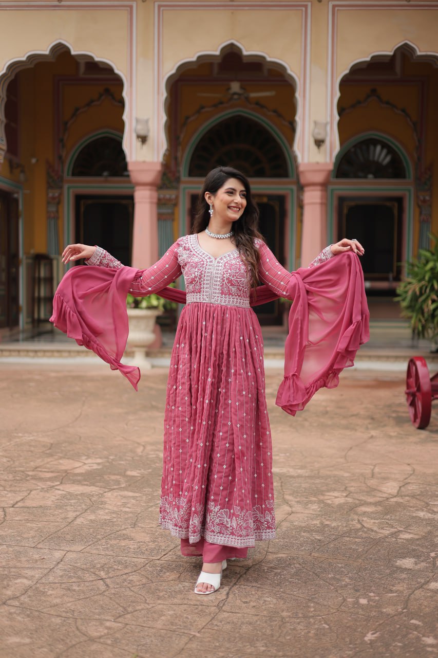 Pink Faux Georgette Plazzo Suit Sequins And Thread Embroidery