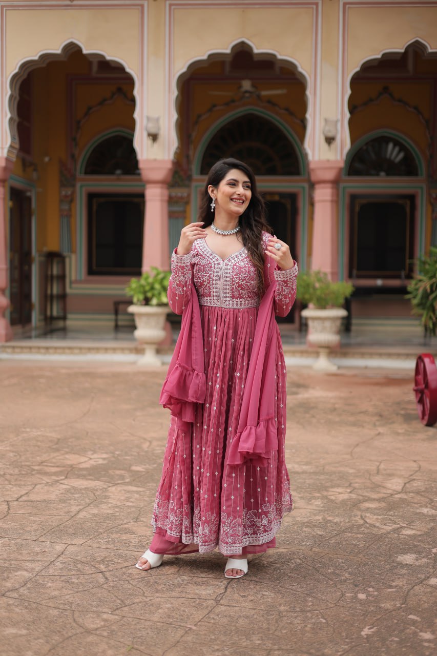 Pink Faux Georgette Plazzo Suit Sequins And Thread Embroidery