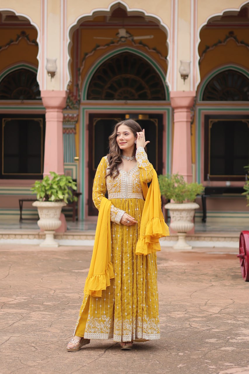 Yellow Premium Designer Faux Georgette Plazzo Suit