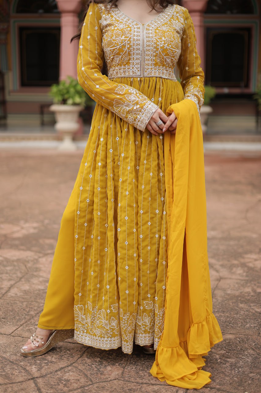 Yellow Premium Designer Faux Georgette Plazzo Suit