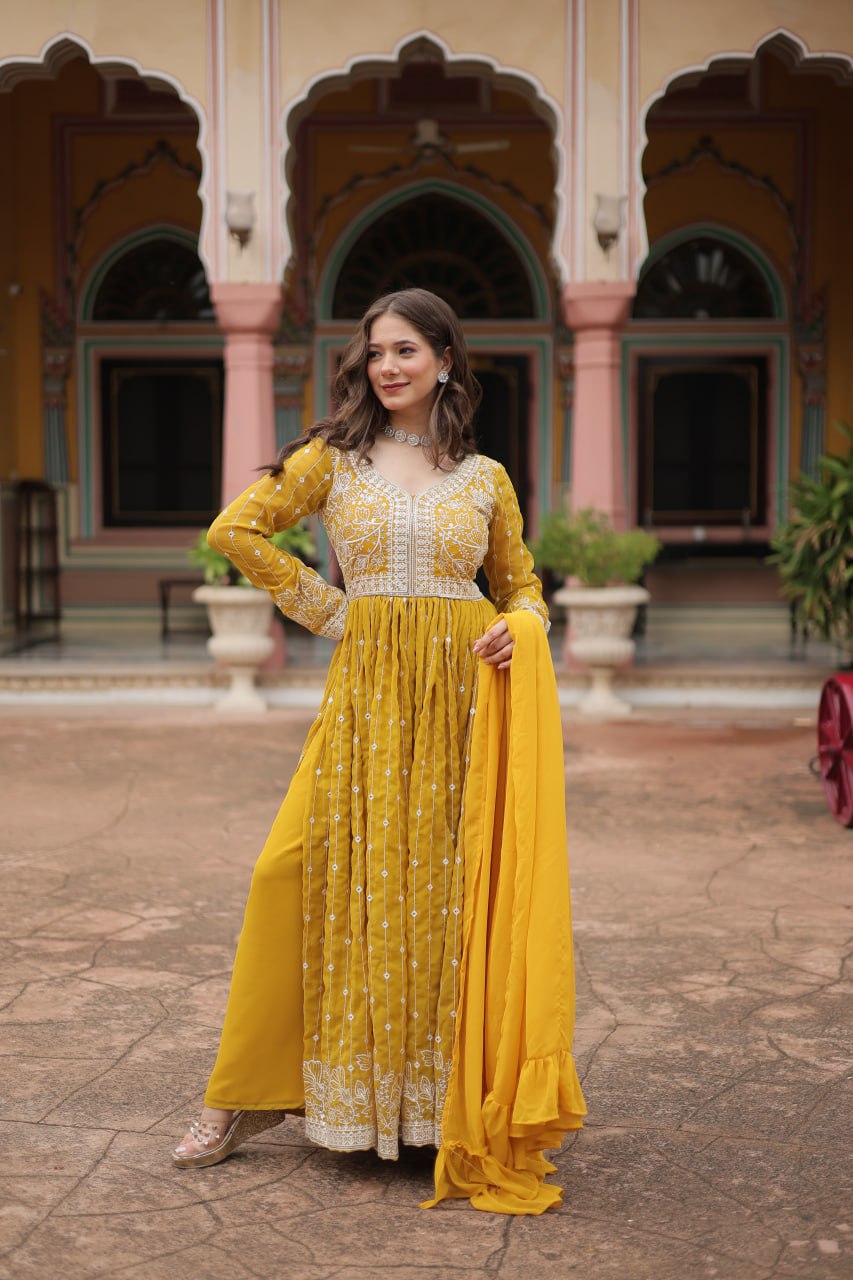 Yellow Premium Designer Faux Georgette Plazzo Suit