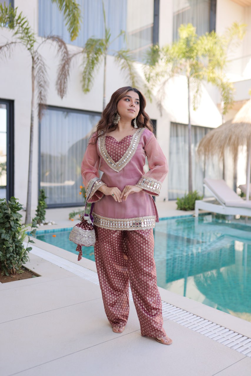 Onion Pink Readymade Top-Pant Set with Batwa Mirror Work M-XXL