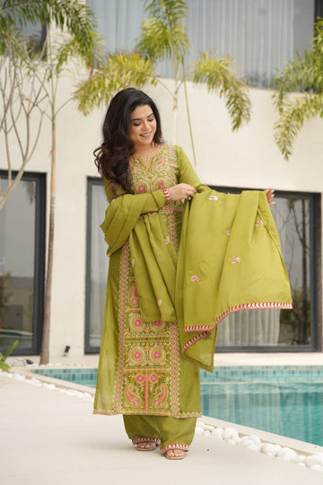 Olive Green Chinnon Silk Embroidered Suit Eid And Mehendi Special M-XXL