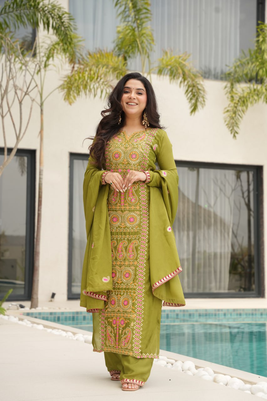 Olive Green Chinnon Silk Embroidered Suit Eid And Mehendi Special M-XXL