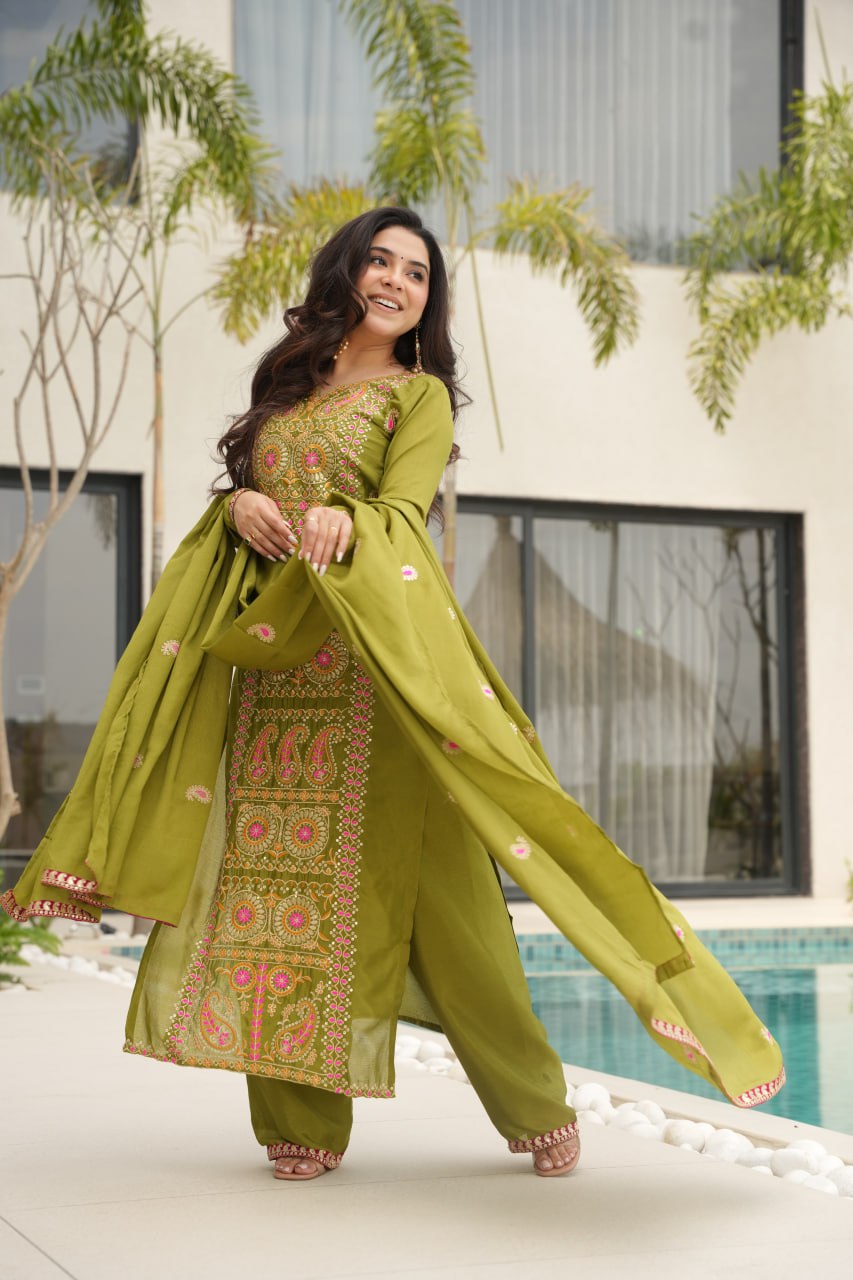 Olive Green Chinnon Silk Embroidered Suit Eid And Mehendi Special M-XXL