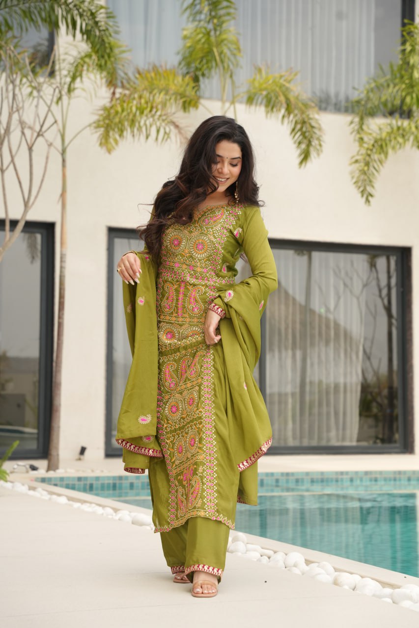 Olive Green Chinnon Silk Embroidered Suit Eid And Mehendi Special M-XXL