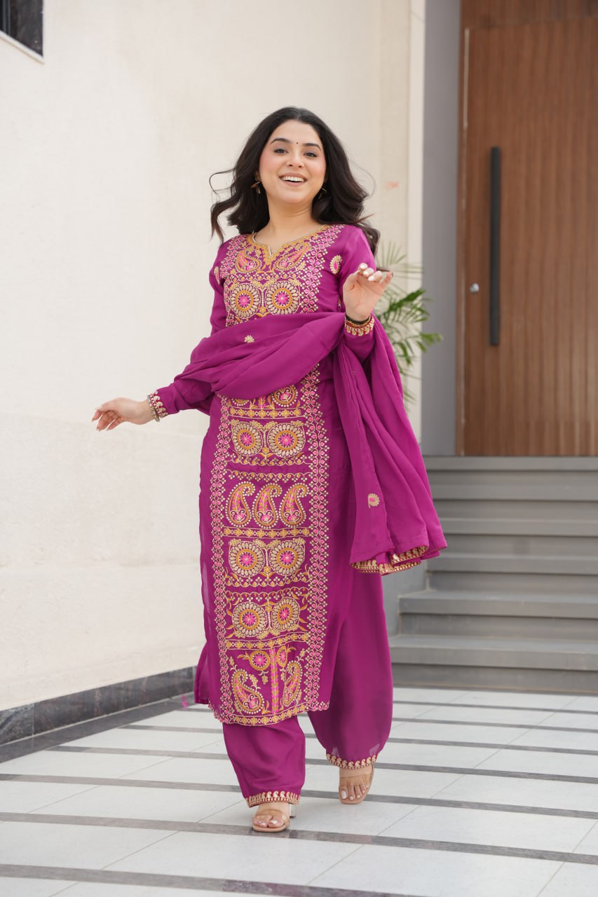 Purple Chinnon Silk Readymade Suit Zari Thread Work M-XXL