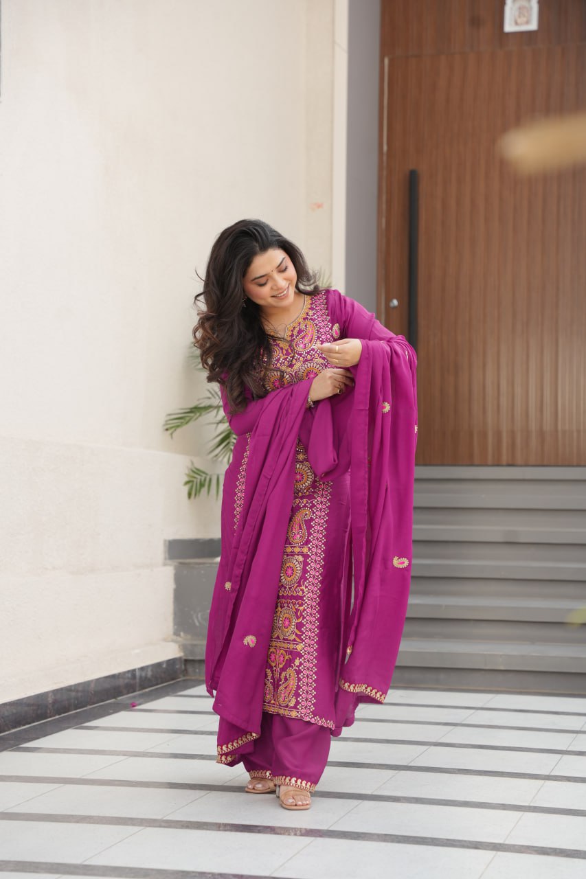 Purple Chinnon Silk Readymade Suit Zari Thread Work M-XXL