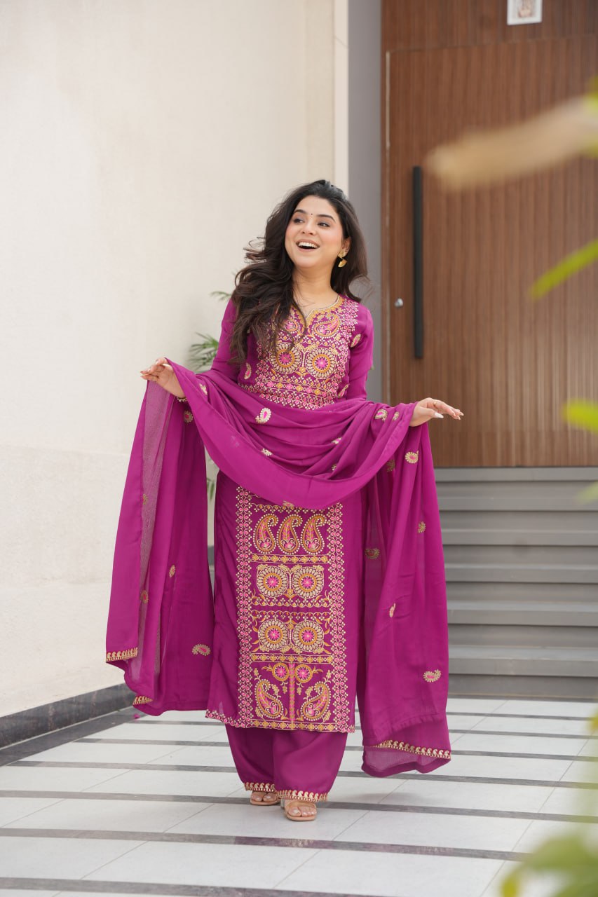 Purple Chinnon Silk Readymade Suit Zari Thread Work M-XXL