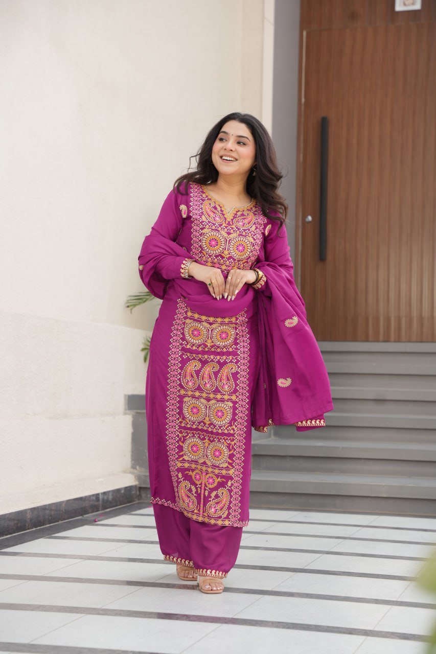 Purple Chinnon Silk Readymade Suit Zari Thread Work M-XXL