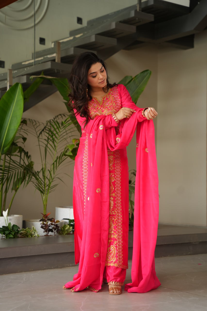Rani Pink Chinnon Silk Embroidered Suit Eid Special Readymade Set