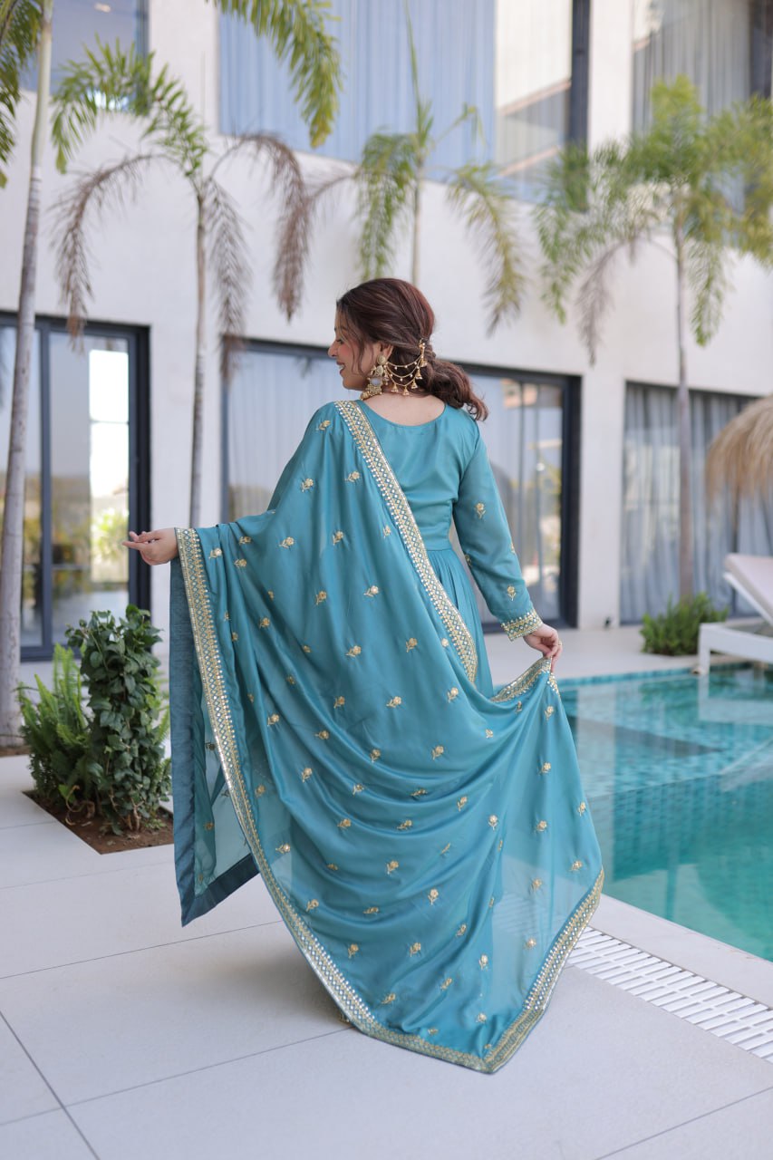 Teal Blue Super Silk Sharara Suit Sequins Embroidery M-XXL