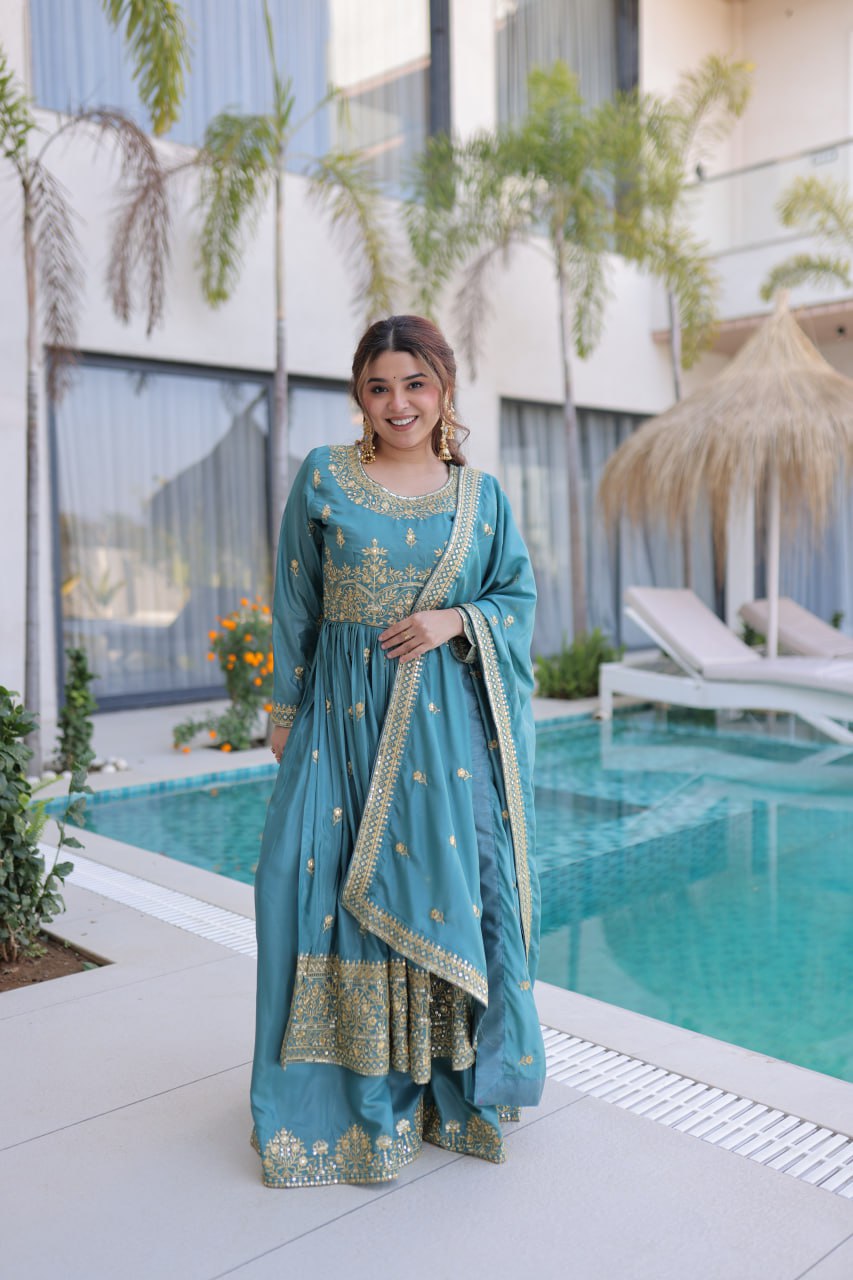 Teal Blue Super Silk Sharara Suit Sequins Embroidery M-XXL