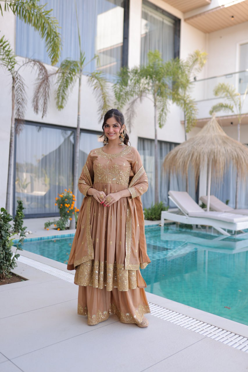 Designer Golden Embroidered Sharara Suit Festive Ready to Wear