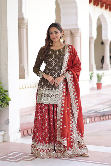 Premium Vichitra Silk Readymade Sharara Set with Cutwork Dupatta