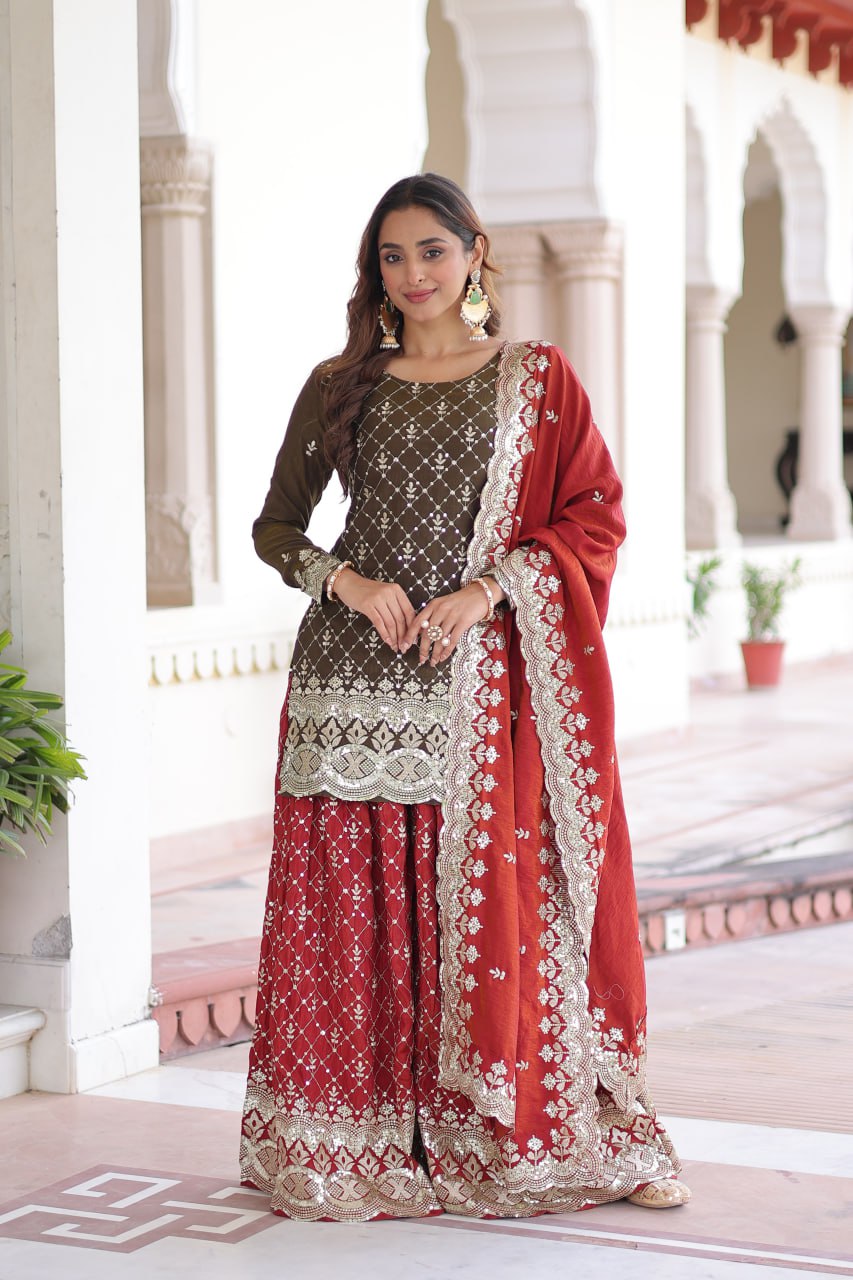 Premium Vichitra Silk Readymade Sharara Set with Cutwork Dupatta