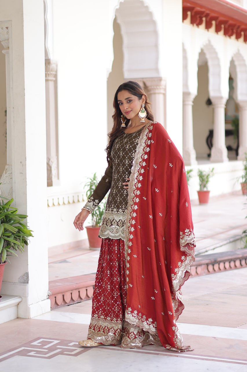 Premium Vichitra Silk Readymade Sharara Set with Cutwork Dupatta