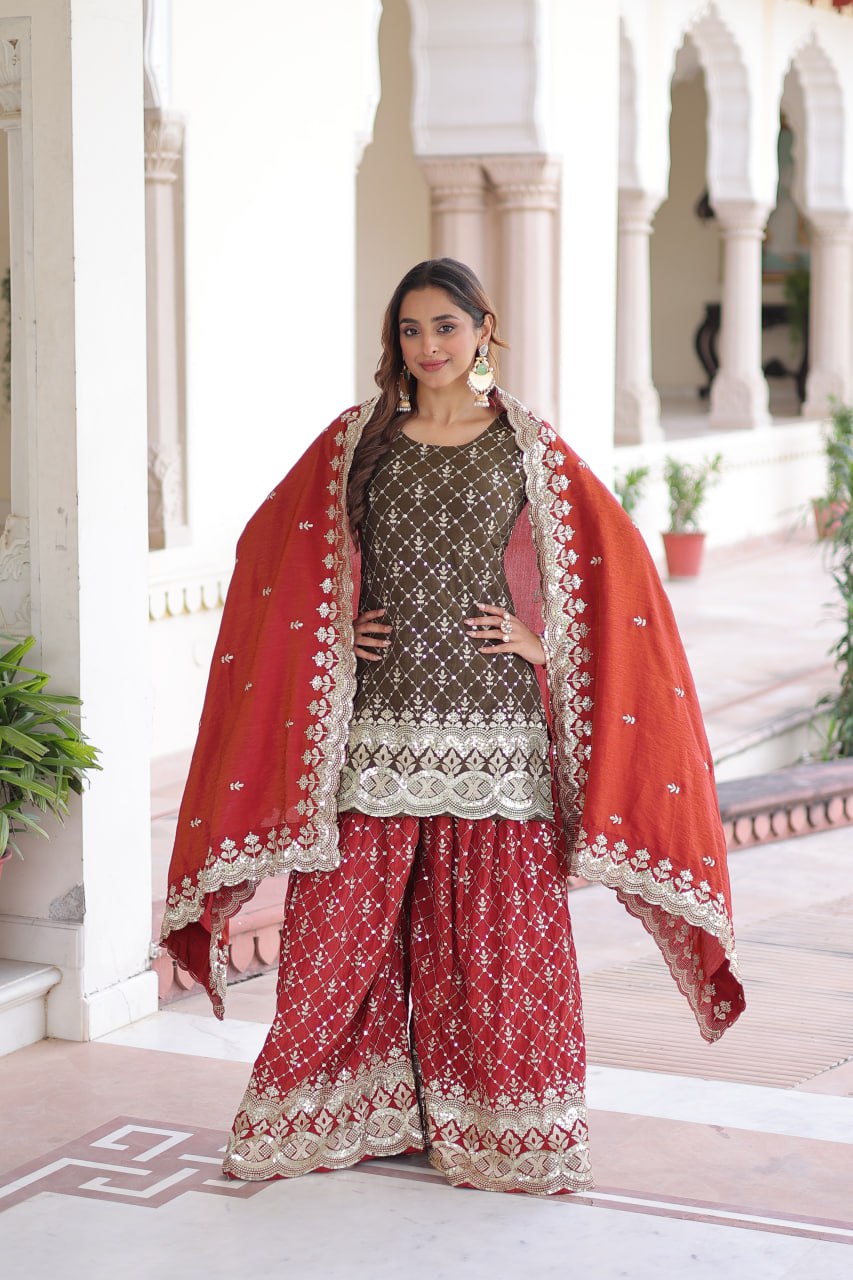 Premium Vichitra Silk Readymade Sharara Set with Cutwork Dupatta