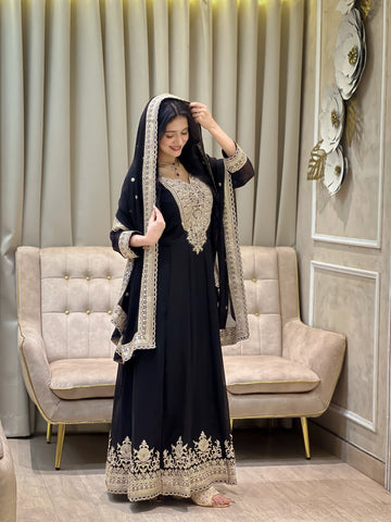 Eid Special Black Gown with Dupatta Heavy Embroidery Sequence Work