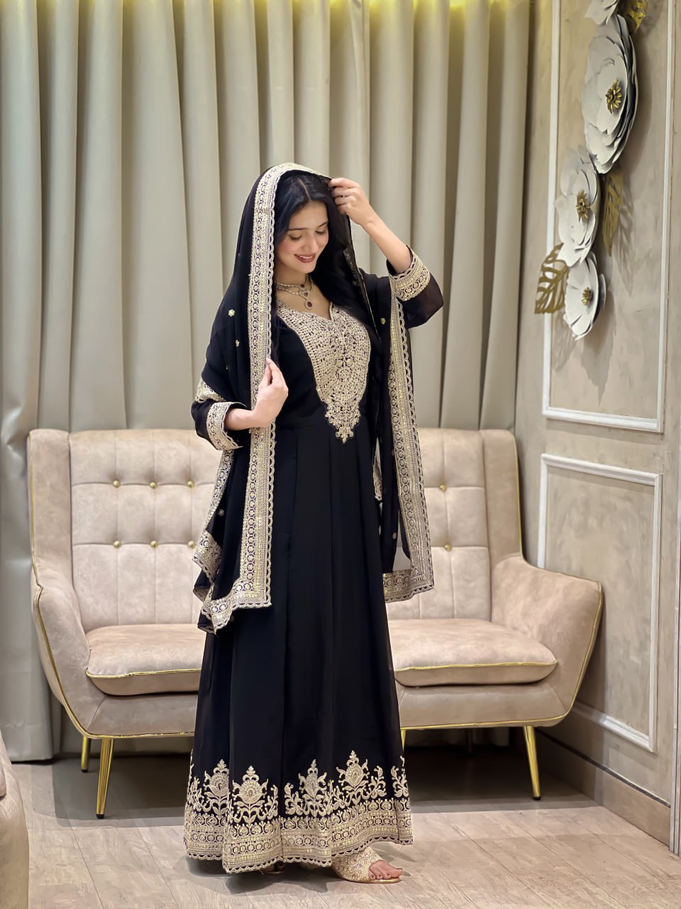 Eid Special Black Gown with Dupatta Heavy Embroidery Sequence Work