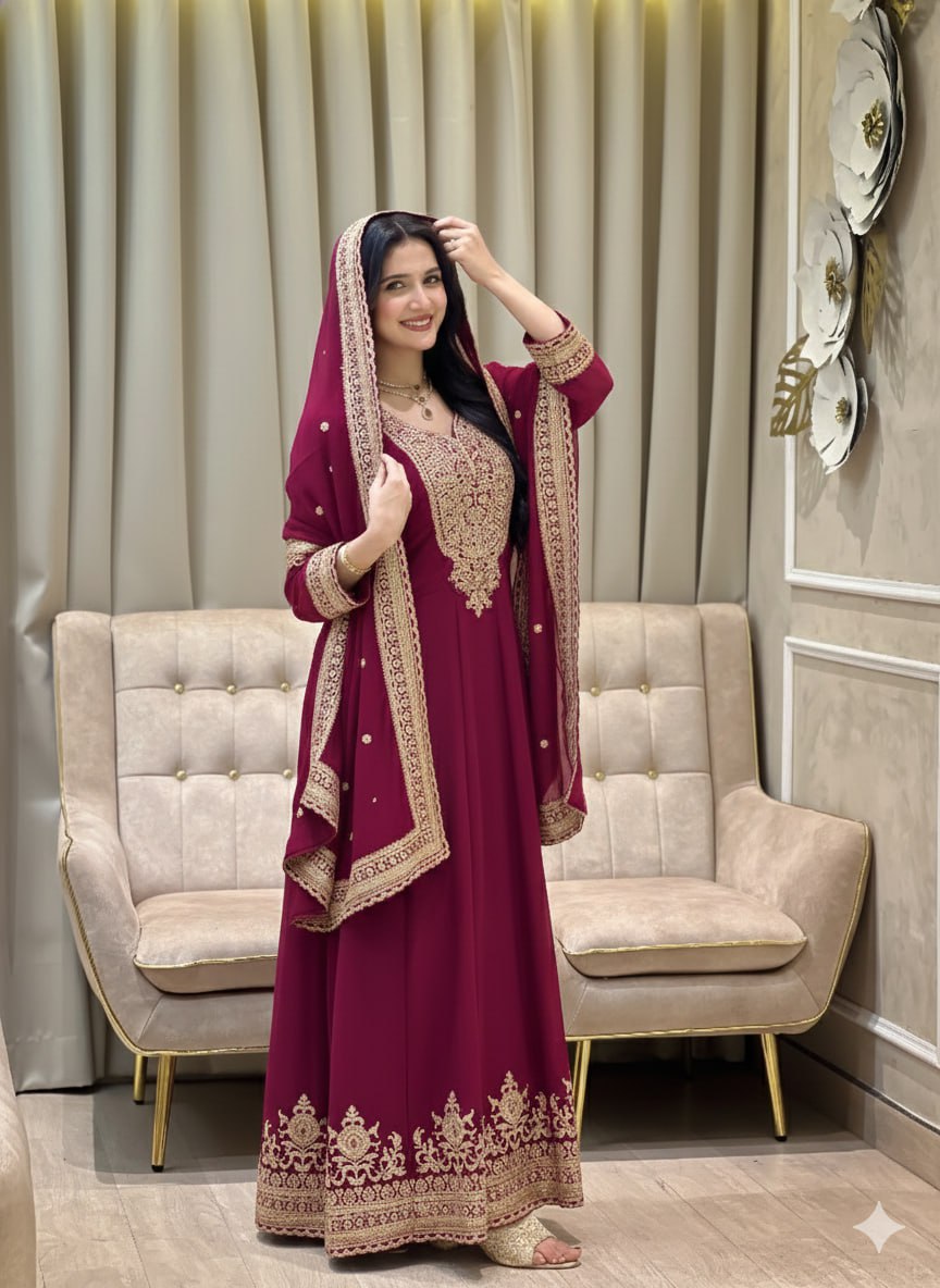 Premium Maroon Fox Georgette Gown with 3 Mtr Flair Floor Length