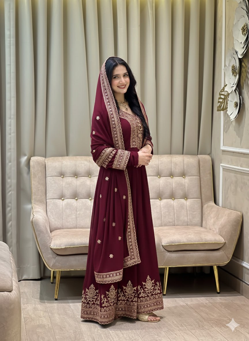 Eid Special Purple Wine Gown with Dupatta Heavy Embroidery Sequence Work
