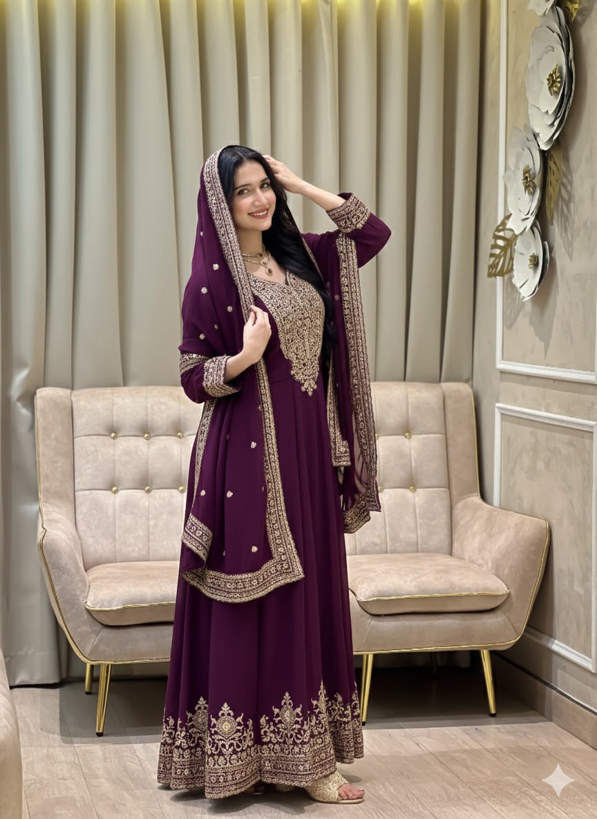 Eid Special Purple Wine Gown with Dupatta Heavy Embroidery Sequence Work