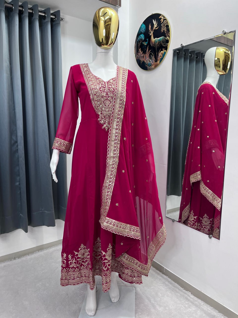 Premium Maroon Fox Georgette Gown with 3 Mtr Flair Floor Length