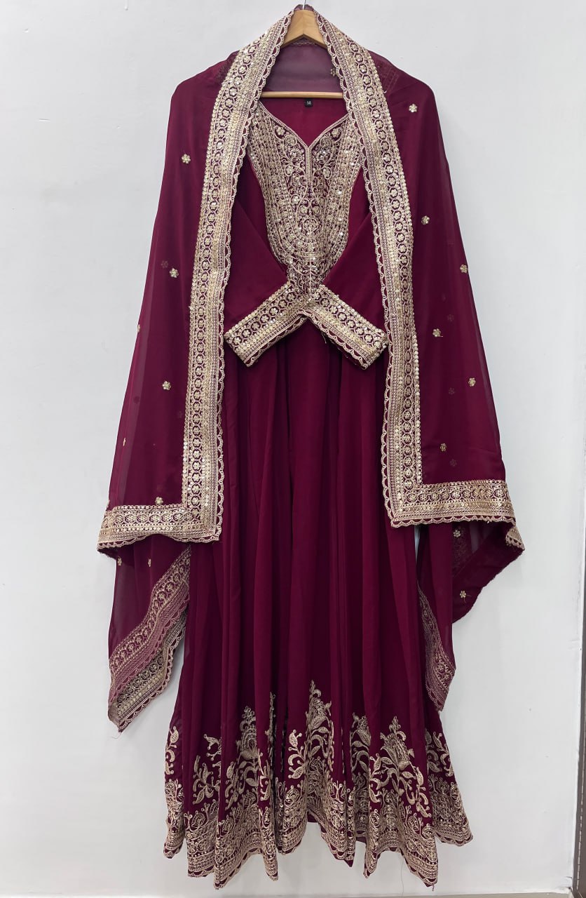Eid Special Purple Wine Gown with Dupatta Heavy Embroidery Sequence Work