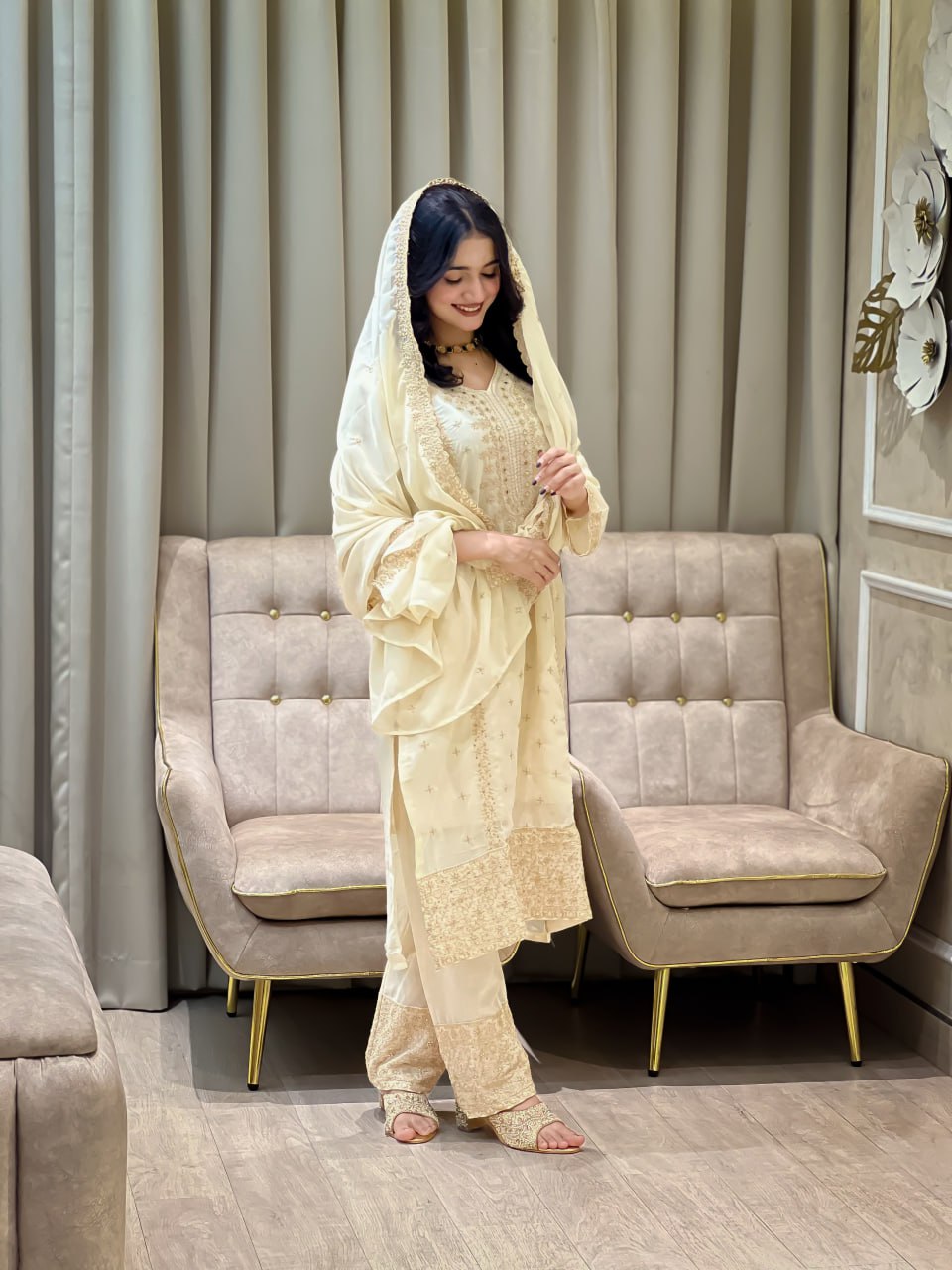 Festival Special Cream Faux Georgette Designer Suit with Heavy Sequence Work