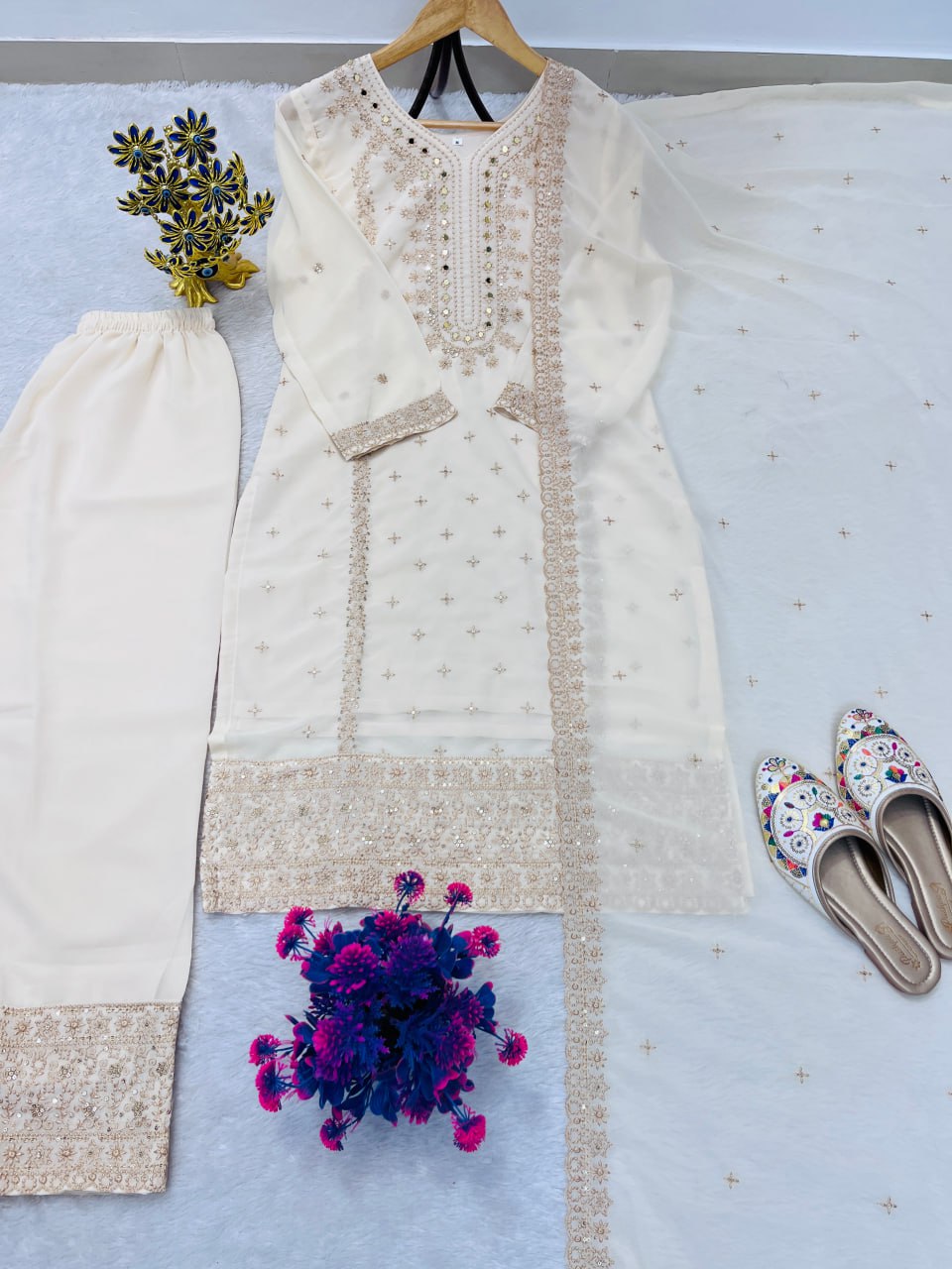 Festival Special Cream Faux Georgette Designer Suit with Heavy Sequence Work