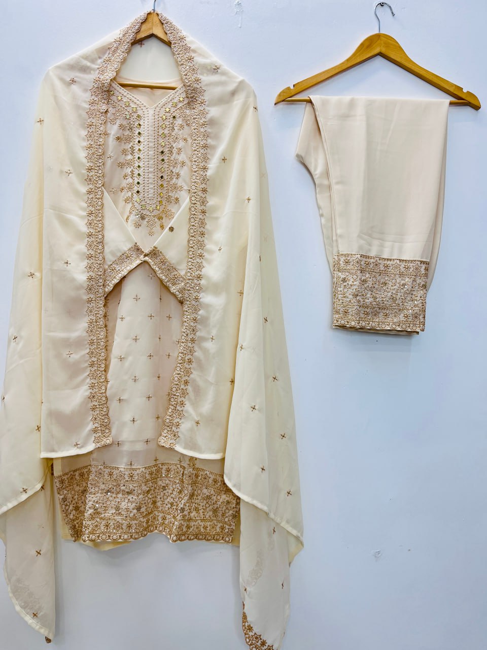 Festival Special Cream Faux Georgette Designer Suit with Heavy Sequence Work